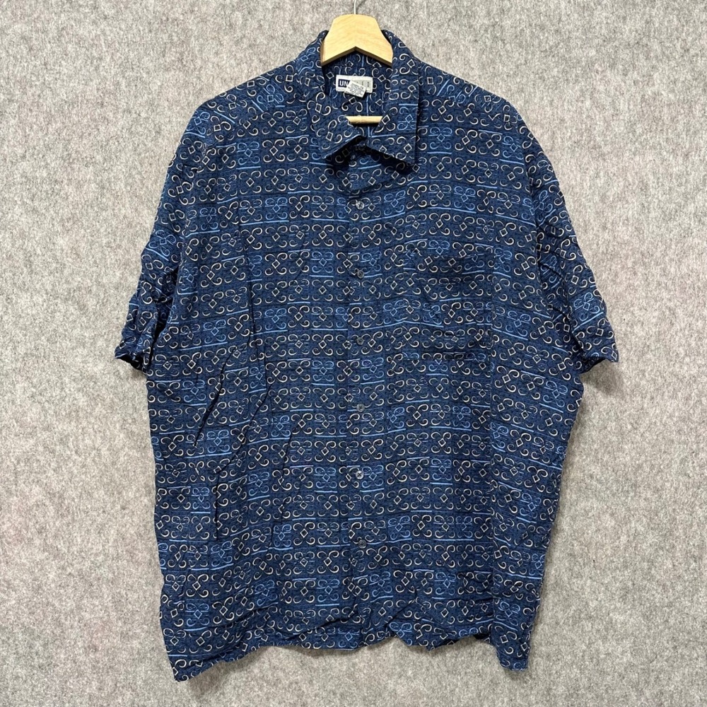 UNTIED Mens Sz 2XL Blue Pattern Short‎ Sleeve Button Down Shirt Rayon